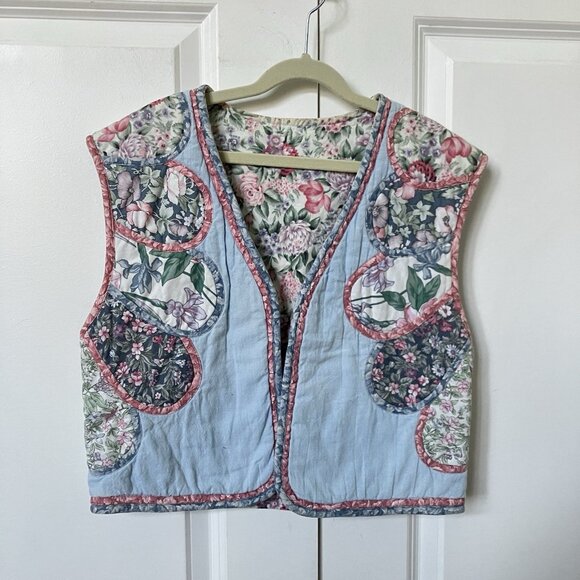 Handmade Jackets & Blazers - Vintage Handmade Quilted Vest Womens Cropped Floral Cottagecore Granny Prairie